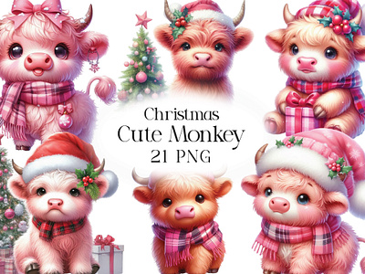 Cute Baby Highland Cow Pink Christmas santa claus png