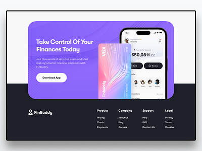 Footer Design cards cta design download app explore figma finance fintech footer landing page mobile app ui ux website