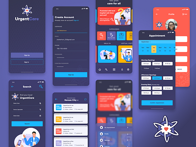 UrgentCare app application branding brian white calendar health care logo mobile product purple search services ui ux