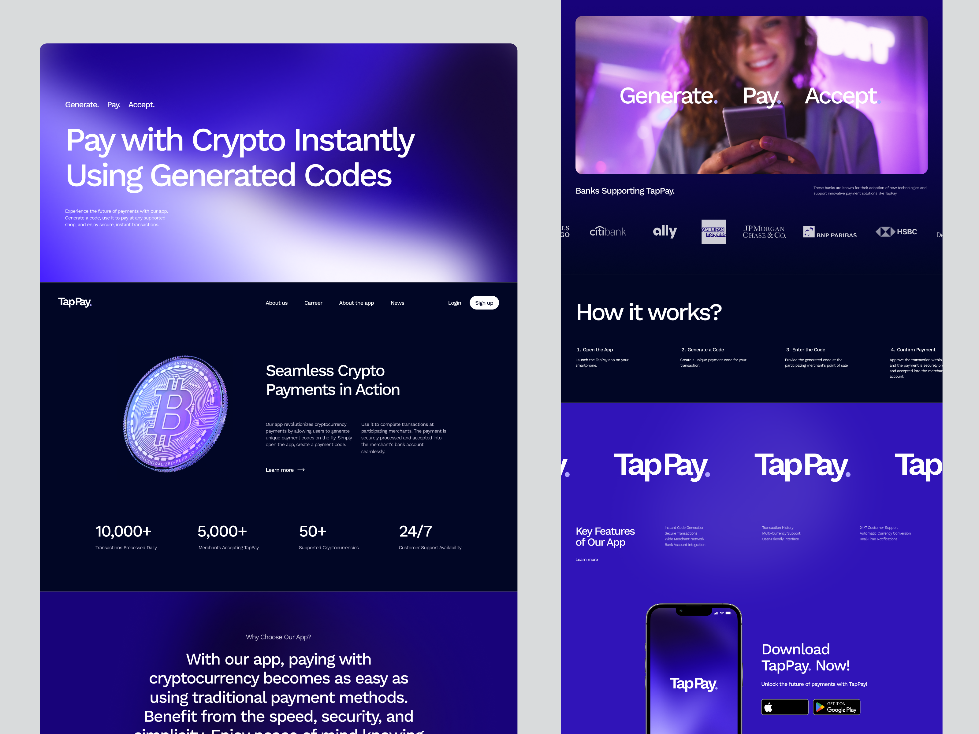 TapPay. Seamless Crypto Payment Solution 3d animation app bank banking app bitcoin branding hero home page landing page mobile motiondesign pay purple render scroll ui uiux website