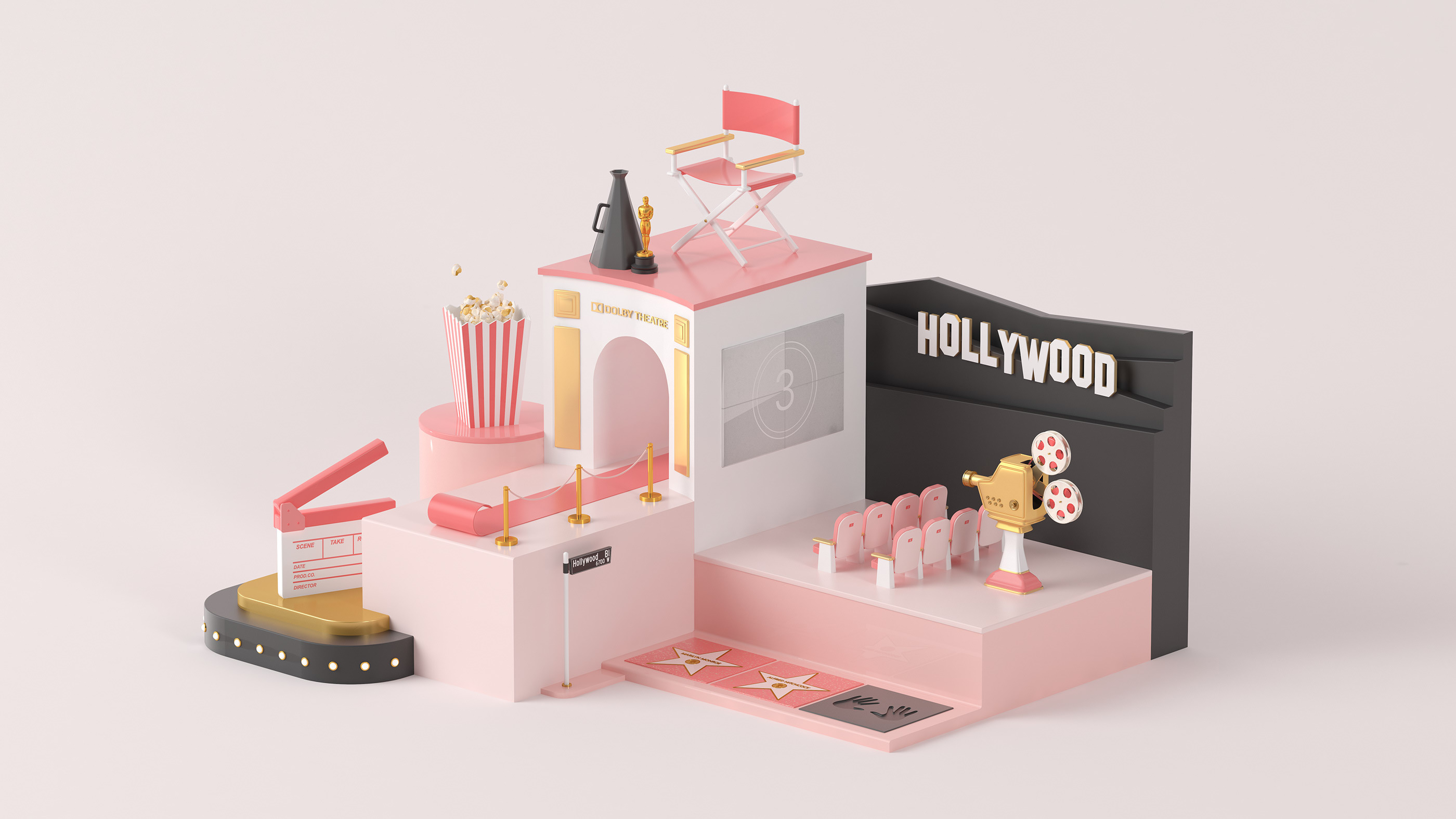 Hollywood | 3D Art 3d 3d art cinema cinema 4d hollywood popcorn walk of fame