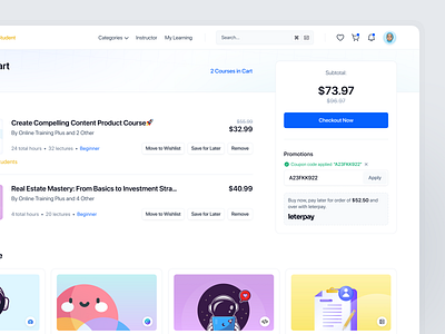 Shopping Cart - Online Course Platform cart page course design ecourse ecourse cart online course online course platform promotion code shopping cart web web app web design