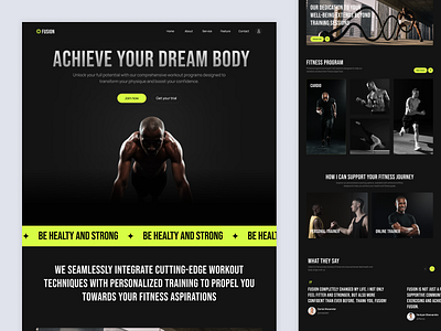Fusion - Fitness Landing Page brand identity branding cardio dark mode design fitness fitness app fitness website gym health landing page minimalist personal trainer services ui ux web design website workout
