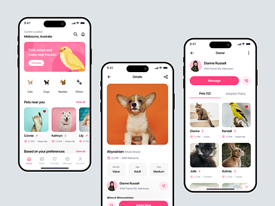 Pet Adoption Mobile App adopt adoption app animal animal app animal care cat cat lovers clinic dog golden trivier mobile app pet pet adoption pet adoption app pet app pet care petshop ui kit vet veterinarian