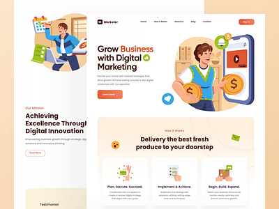 Marketer - Digital Marketing Landing Page 🎉 ads animation business campaign illustration interaction landing page marketing marketing illustrations motion social media ui ui design website