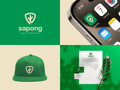 Sapong logo branding custom logo green icon identity logo logo mark plant protect shield tree