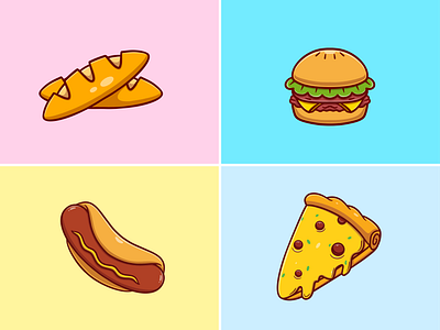 Food Illustration branding bread burger cute delicious design element food graphic design hotdog illustration logo mascot pizza restaurant ui