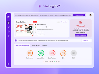 SiteInsights AI - An AI monitoring dashboard ai alerts dashboard illustrations logo monitoring page speed purple tracking ui ux