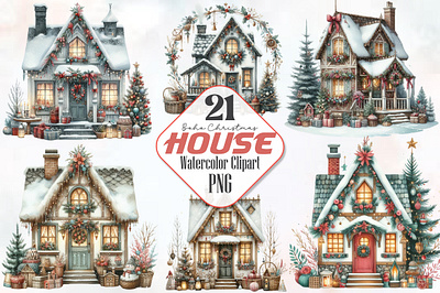 Watercolor Boho Christmas House Clipart 3d animation app branding design graphic design illustration logo ui vector