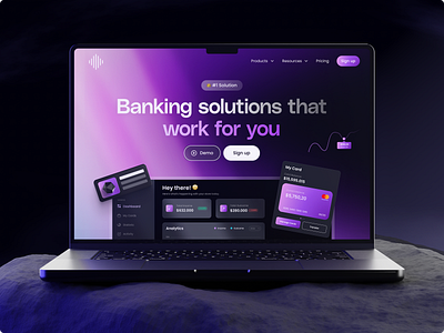 Banking website augmented reality banking branding dark theme dashboard graphic design illustration landing page purple realistic scene ui ux vector website