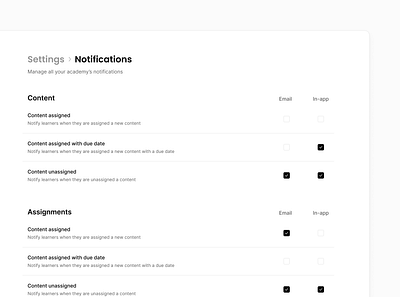 Notification Preferences app notifications clean design email notifications inform lyearn minimalist notification notification settings notifications preferences settings simple ui