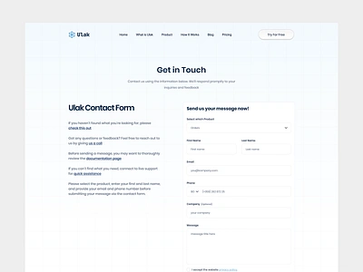 Ulak - Contact Page chatbot clean contact contact form contact page contact us design form get in touch grid help help center ui ux web web contact