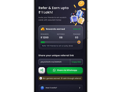 Refer & Earn 3d animation app design case study game app gaming glassmorphism invite motion graphics poker refer refer earn rewards rummy scratch cards ui ui design