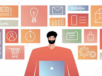 2D Style-frame Design 2d character design character illustration iconography icons illustration india laptop men working vector vector illustration