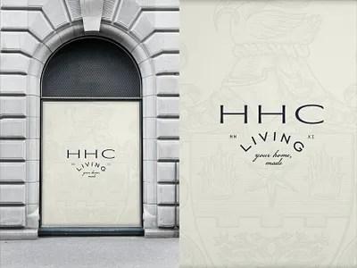 HHC Living Storefront Mockup brand design brand identity branding branding design coat of arms crest hand drawn identity design logo logo design luxury minimal minimalist logo mockup sign signage storefront typography vintage visual identity