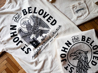 St. John the Beloved Brand Application apparel black and white brand design brand identity branding branding design church eagle hand drawn identity design logo logo design logodesign merch merchendise t shirt tshirt typography vintage visual identity