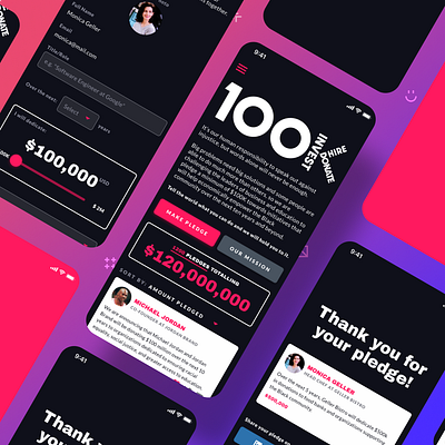 100K Pledge Mobile View charity dark mode donation mobile responsive social platform ui ux design visual design