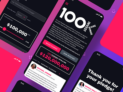 100K Pledge Mobile View charity dark mode donation mobile responsive social platform ui ux design visual design