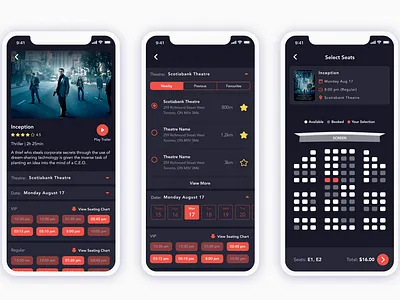 Movie Booking Mobile App app booking dark mode mobile app movie movies seating theatre tickets ui design ux design