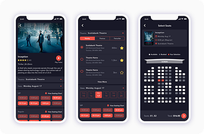 Movie Booking Mobile App app booking dark mode mobile app movie movies seating theatre tickets ui design ux design