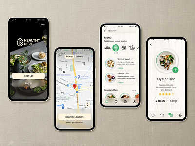 Healthy Dish : online ordering food app app design application food delivery app home page light mode design pick location page pickup food app restaurant app ui ui design ux ux design