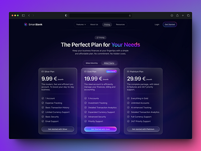 Pricing Section Fintech Digital Banking branding button card gradient pricing page ui