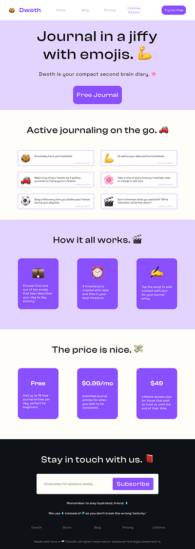 Landing page for Dwoth emoji emoji journal journal journaling landing page website