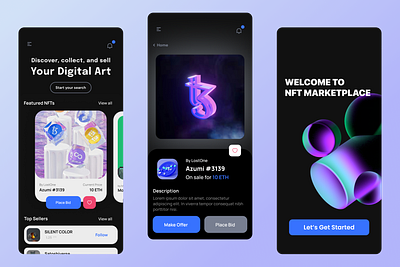 NFT marketplace app branding crypto design development mobile nft service page token ui ux