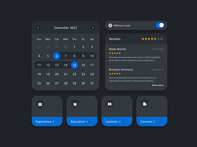 UI Elements for Social Media Dashboard calendar ui calendar ux cards ui cards ux categories ui dark and blue reviews ux ui ui elements ux elements uxui uxui designer