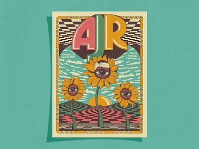 AJR Concert Poster 18x24 border branding checkered cleveland clouds eyeball gig print illustration landscape logo north carolina psychedelic retro rock poster screenprint sunflower sunset trippy vintage