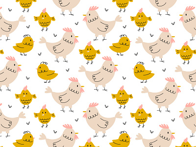 Seamless pattern with cute hen and chicks drawing easter