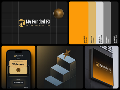 Branding MyFunded FX 3d branding business dark design e mail gold graphic design logo palette prop firm trading usa visual yellow