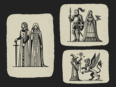 Medieval art design graphic design illustration knight maiden medieval spear vector wizard woodblock