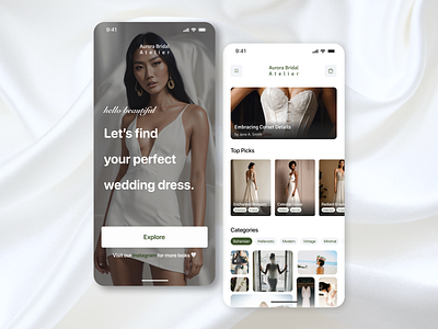 Wedding Dress Atelier Mobile App app branding commerce design e commerce elegant fashion home ios minimal minimalistic mobile native product shopping ui ux wedding