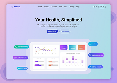 Wellio: Modern Health Tracker Website Landing Page Design design community designdaily dribbble gradient graph health tracker healthcare hero page intuitive landing page medical landing page modern design new and trending product design ui uiux user centered design user friendly ux