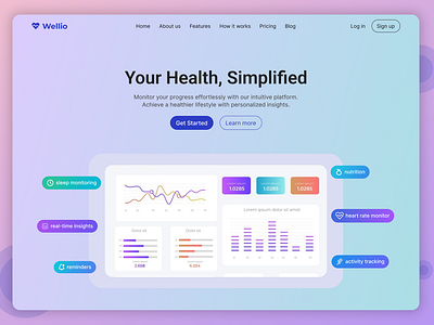 Wellio: Modern Health Tracker Website Landing Page Design design community designdaily dribbble gradient graph health tracker healthcare hero page intuitive landing page medical landing page modern design new and trending product design ui uiux user centered design user friendly ux