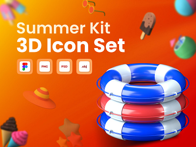 Summer Kit 3D Icon Set 3d 3d design 3d icon 3d modeling 3d summer icon 3d ui 3d ui kit icon design kit summer element summer icon summer icon set summer kit ui ux