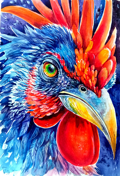 Vibrant Bird Rooster Portrait - Original Watercolor Art, Ukraine art bird hand painted painting portrait ruster ukraine
