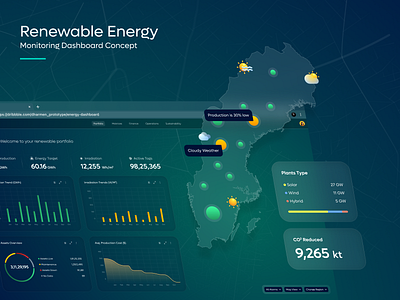 Renewable Energy Dashboard Concept for Monitoring Platform charts clean energy data visualization eco friendly energy monitoring glassmorphism gradient green tech interactive map modern design navy blue platform renewable energy saas teal color tech dashboard ui design user interface ux design