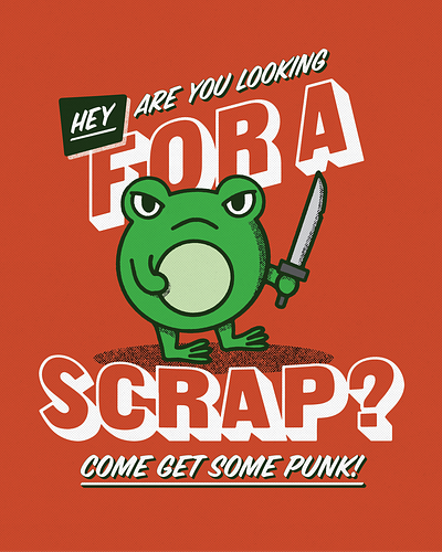 Are you looking for a scrap? character design fight frog funny halftone illustration knife mascot red retro tshirt typography vector vintage