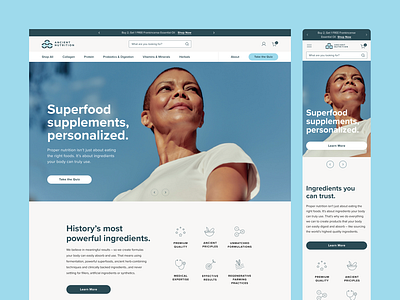 Ancient Nutrition Homepage ancient blue branding capsoles ecommerce graphic design health icons ingredients nutrients nutrition powder rounded shop superfood supplements ui ux vitamins wellbeing