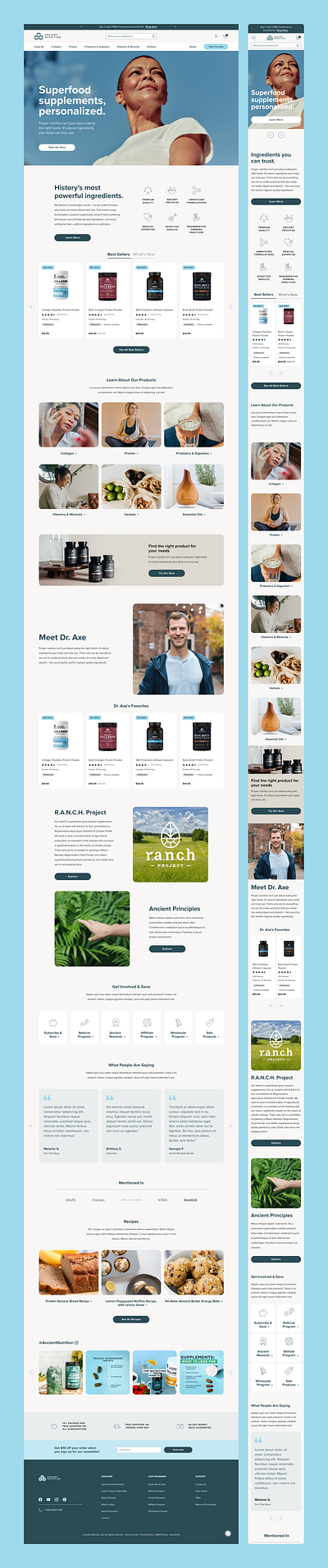 Ancient Nutrition Homepage ancient blue branding capsoles ecommerce graphic design health icons ingredients nutrients nutrition powder rounded shop superfood supplements ui ux vitamins wellbeing