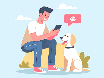 A man using a phone with his dog vector illustration animation app branding chat design dog graphic graphic design illustration lifestyle logo modern pet vector web