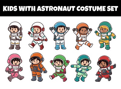 Kids with astronaut costume set vector illustration astronaut canva cartoon character childhood children costume cute design education funny hand drawn icon illustration kawaii kids planet school toddler vector