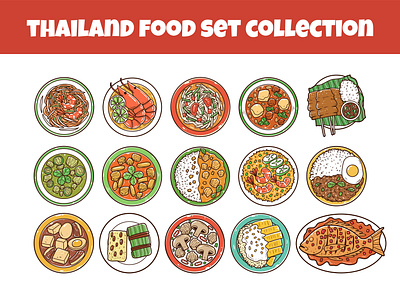 Thailand food set outline vector illustration cuisine culinary cute dish fast food food gourmet hand drawn icon illustration meal menu outline restaurant sketch snacks street food thai thailand vector