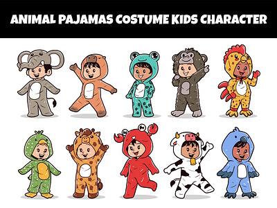 Animal pajamas costume kids character set vector illustration adorable animal carnival character children costume cute halloween hand drawn icon illustration kids pajama party play school sketch suit vector wildlife