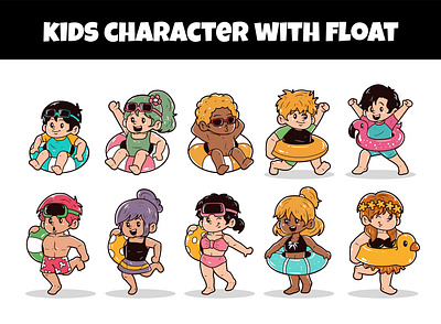 Kids character set with float vector illustration adorable champion character children cute exercise float game hand drawn icon illustration kids school sport swim swimming toddler training uniform vector