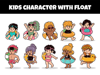 Kids character set with float vector illustration adorable champion character children cute exercise float game hand drawn icon illustration kids school sport swim swimming toddler training uniform vector