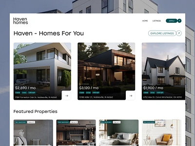 Haven Homes - UX/UI design for a real estate website 🏘 apartment architecture clean design homepage house listing modern website property real estate rent residence ux uxui web web design website