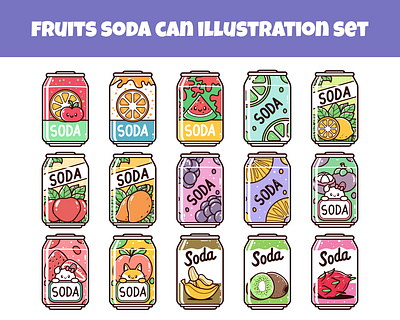 Fruits soda can set vector illustration beverage branding can cartoon cola cute doodle drinks fruit hand drawn icon illustration label logo menu product restaurant shop soda vector